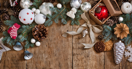Christmas decorations on wooden background. horizontal