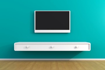 Interior of empty room with TV, Living room led tv on blue wall with wooden table modern loft style, 3d rendering