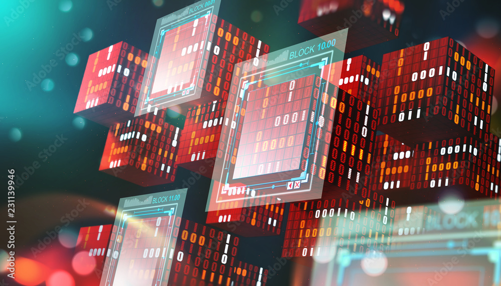 Fototapete Blockchain technology. Information blocks in digital space. Decentralized global network. Cyberspace data protection. 3D illustration with elements of a binary code