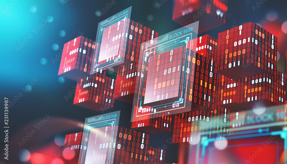 Poster Blockchain technology. Information blocks in digital space. Decentralized global network. Cyberspace data protection. 3D illustration with elements of a binary code