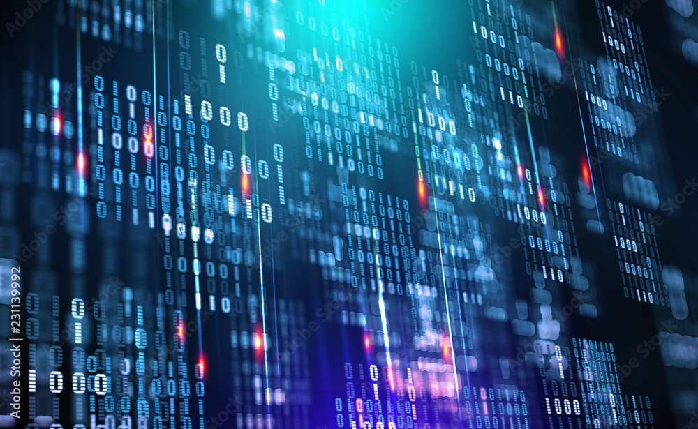 Poster Binary code. Data cloud. Protection in the network. Digital data stream. Big Data concept 3D illustration