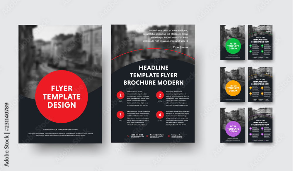 Poster Design of black a4 vector flyers with round elements and space for photo.