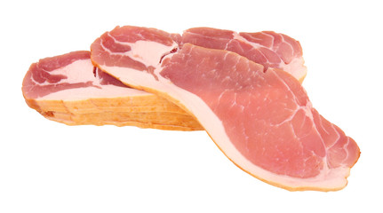 Raw smoked back bacon rashers isolated on a white background
