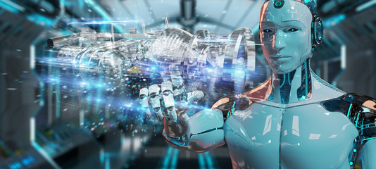 Cyborg using wireframe holographic 3D digital projection of an engine