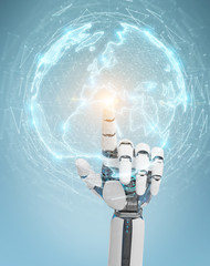 White humanoid hand using globe network hologram with Europe map 3D rendering
