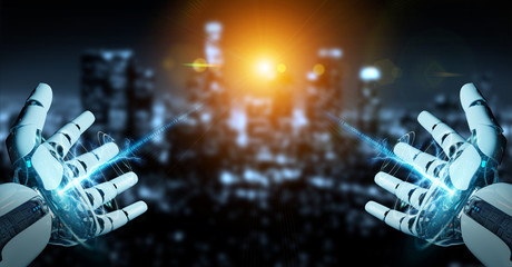 White cyborg opening his hand 3D rendering