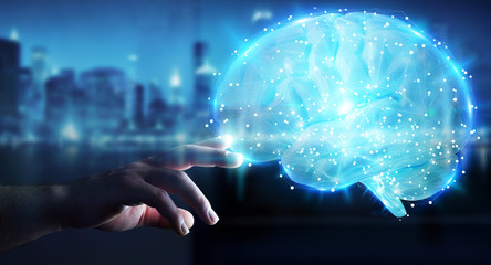 Businessman using digital 3D projection of a human brain 3D rendering