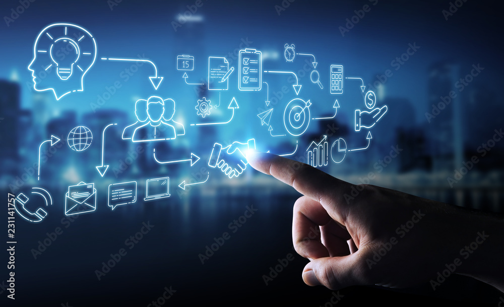 Poster businessman using thin line icon project plan presentation