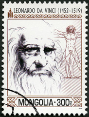MONGOLIA - 2014: shows portrait shows Leonardo di ser Piero da Vinci (1452-1519)