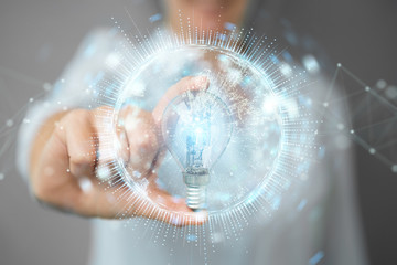 Businesswoman holding a lighbulb with connections in her hand 3D rendering