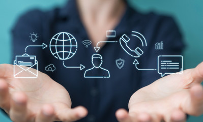 Businesswoman using thin line social network icons interface