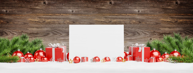 Blank Christmas card laying on red baubles and gift 3D rendering