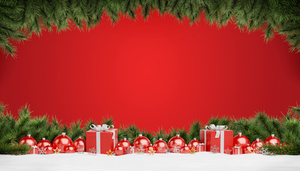 Red christmas baubles and gifts lined up 3D rendering