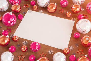 Christmas card mockup with pink baubles 3D rendering