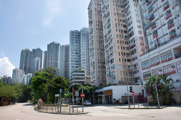 View landscape and cityscape with high building of Kennedy Town in Hong Kong, China