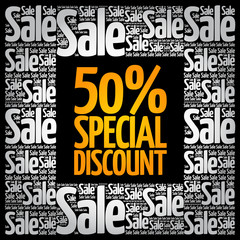 50% Special Discount sale word cloud collage, business concept background
