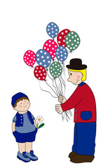Payaso vendiendo globos y niño.