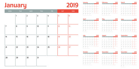 Calendar planner 2019 template vector illustration all 12 months week starts on Monday and indicate weekends on Saturday and Sunday