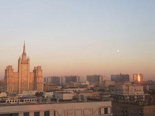 Fototapeta na wymiar Moscow skyline with a Moon at sunset