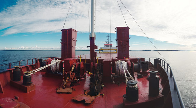 Front view of a cargo vessel.