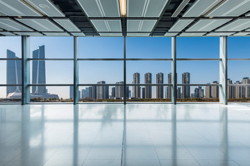 Panoramic skyline and buildings from glass window