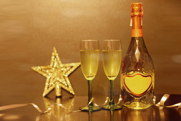 beautiful greeting card banner with champagne glasses and a bottle