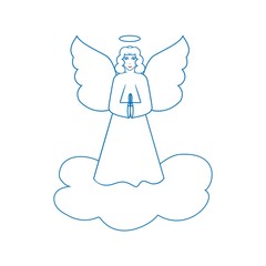 Angel on cloudy blue silhouette. Biblical personage. Religion symbol christmas season, holiday easter and love. Colorful template for printed, greeting card. Design element. Vector illustration.