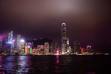 Fototapeta na wymiar Symphony of Lights is the spectacular light and sound show at Victoria Harbour evening time in Hong Kong, China