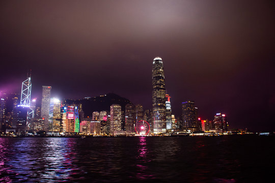 Symphony of Lights is the spectacular light and sound show at Victoria Harbour evening time in Hong Kong, China