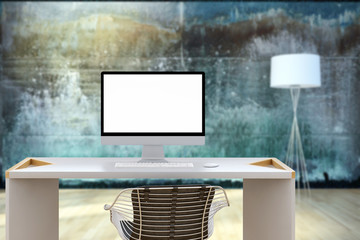Workplace mockup concept. Mock up modern home decor desktop computer Artist workspace with copy space for products display montage.Mockup desktop.