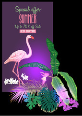Template for greeting card,  invitation or banner  with tropical plants