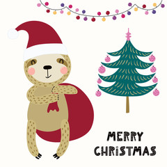 Hand drawn vector illustration of a cute funny sloth in a Santa Claus hat, with bag, tree, text Merry Christmas. Isolated objects on white. Scandinavian style flat design. Concept for card, invite.