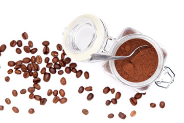 Top view of Coffee Beans in a Cup Isolated on White Background with copy space