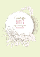 Template for greeting card,&nbsp; invitation or banner  with tropical plants
