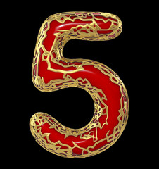 number five 5 made of golden shining metallic with red paint isolated on black 3d