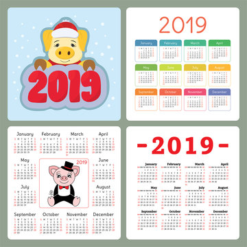 Calendar 2019. English colorful set. Week starts on Sunday. Pig. Cartoon piggy. Chinese horoscope. Happy New Year. Christmas card. Basic grid