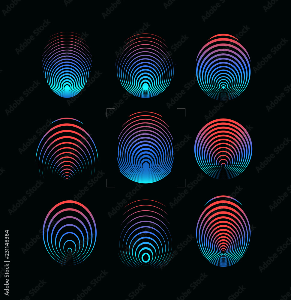 Poster Set of fingerprint vector icon. Round digital finger print symbol. Security system logo template. Blue and red gradient forefinger color illustration on black background. Identity technology. Vectors.