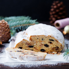 Christmas stollen. Traditional German festive dessert. Copy space. Close up.