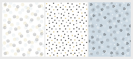 Set of 3 Abstract Hand Drawn Stars Vector PAtterns. Simple Seamless Design. White and Blue Background. Blue, Gold and Black Stars and Snowflakes.