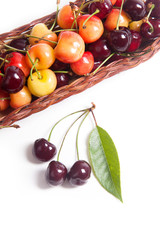 Yellow and red sweet cherry in basket with green leaf isolate on white.