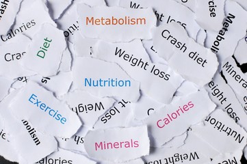 Obraz premium Concept of random papers printed with words nutrition, diet, exercise, minerals, crash diet, metabolism