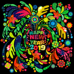Colorful creative Happy New year 2019 wishes with intricate floral design elements on a black background