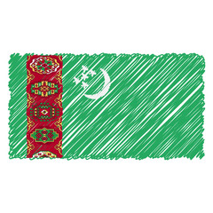 Hand Drawn National Flag Of Turkmenistan Isolated On A White Background. Vector Sketch Style Illustration. Unique Pattern Design For Brochures, Printed Materials, Logos, Independence Day