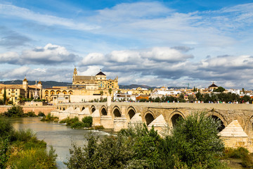 Fototapeta na wymiar View of Mezquita, Catedral de Cordoba, across the roman bridge on Guadalquivir river. A former Moorish Mosque that is now the Cathedral of Cordoba, Mezquita is a UNESCO World Heritage Site.