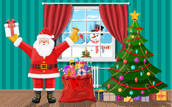 Snowman looks in living room window. Santa in room with christmas tree and gifts. Happy new year decoration. Merry christmas holiday. New year and xmas celebration. Vector illustration flat style