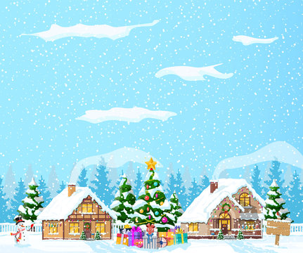Suburban houses covered snow. Building in holiday ornament. Christmas landscape tree spruce, snowman. Happy new year decoration. Merry christmas holiday. New year xmas celebration. Vector illustration