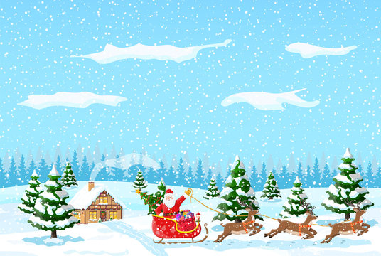 Suburban house covered snow. Building in holiday ornament. Christmas landscape tree, forest, santa sleigh reindeers. New year decoration. Merry christmas holiday xmas celebration. Vector illustration
