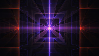 Beautiful blue and red background of glowing particles and lines with depth of field and bokeh. 3d illustration, 3d render