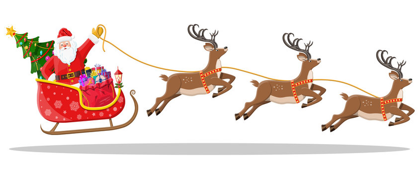 Santa claus on sleigh full of gifts, christmas tree and his reindeers. Happy new year decoration. Merry christmas holiday. New year and xmas celebration. Vector illustration in flat style