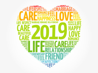 Fototapeta premium 2019 Love and Happy concept, heart word cloud collage background